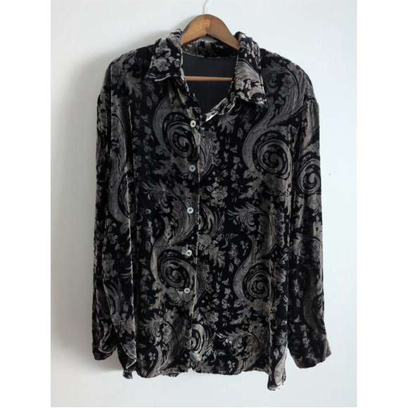 Vintage Tops - Vintage Velvet Metallic Silver Black Button down shirt women Sz XL Quiet luxury